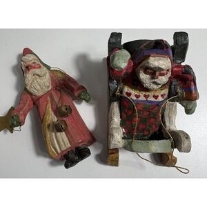 House Of Hatten Ornaments Santa In Sleigh Jingle Bells Christmas Wooden Lot Of 2